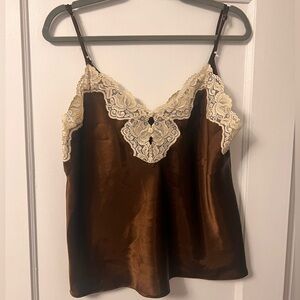 Brown Silk Camisole w/ Cream Lace Detail